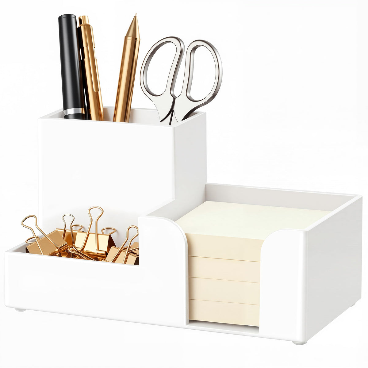 HBlife Acrylic Pen Holder for Desk, 3-Compartment Small Desk Organizer, Clear Office Supplies Desk Accessories with Sticky Notes Holder Stores Post It Notes 3X3 for Office, Home and School