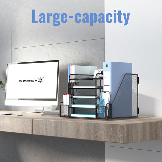 5-Tier Desk Organizer with Paper Trays, File Holders and Pen Holders, Black