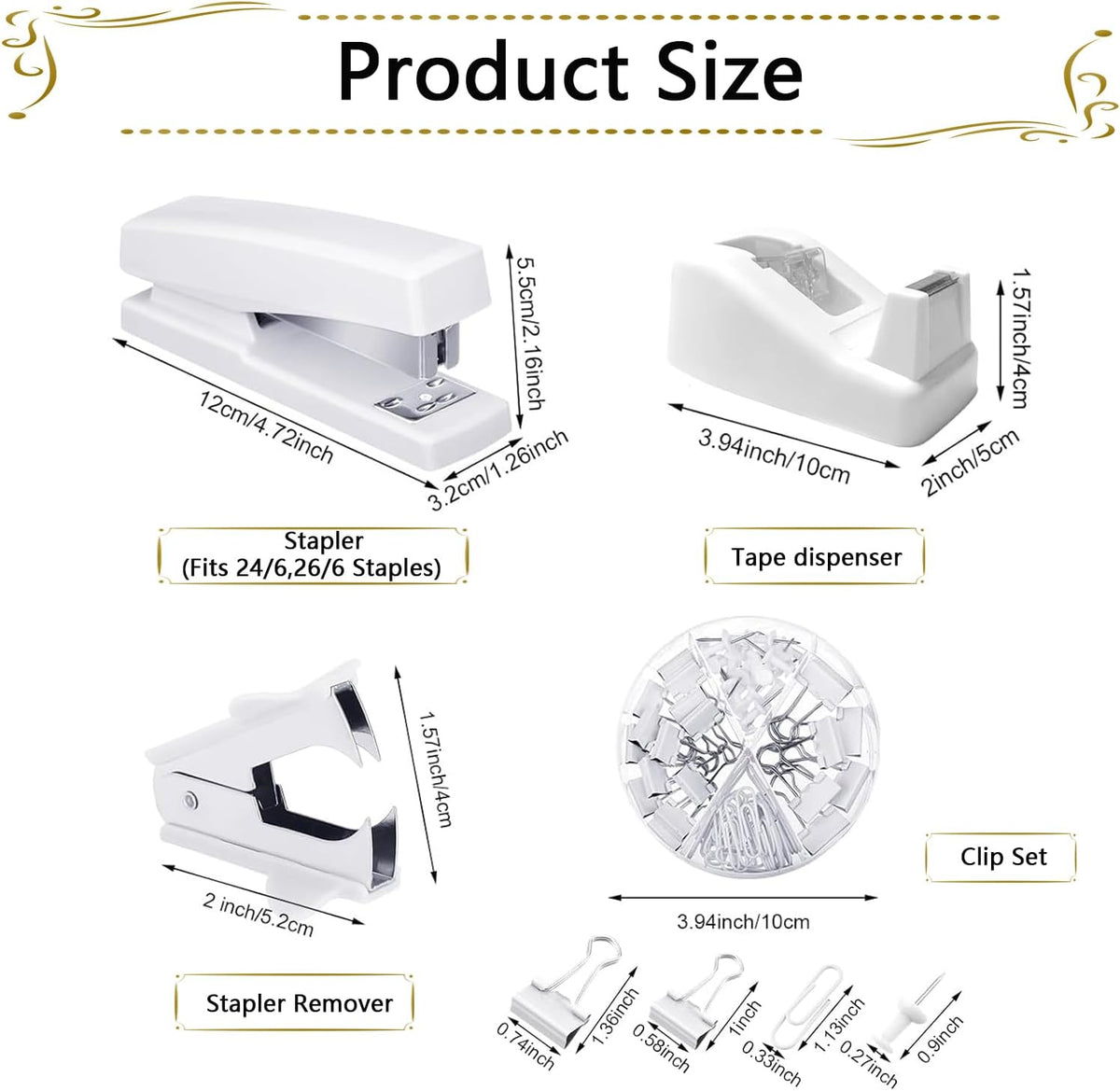 Office Supplies,White Desk Accessories,Stapler and Tape Dispenser Set for Women with Stapler,Tape Dispenser,Staple Remover,Staples,Clips,Scissors and Tabs,Gift for Students,Coworkers,Teacher,Business