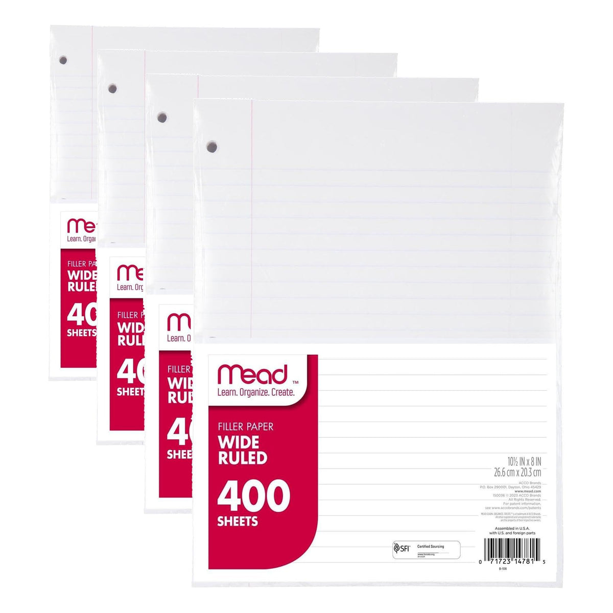 Mead Loose Leaf Paper, Wide Ruled Filler Notebook Paper, 8" x 10-1/2", 200 Sheets, Fits 3-Ring Binder (15200)