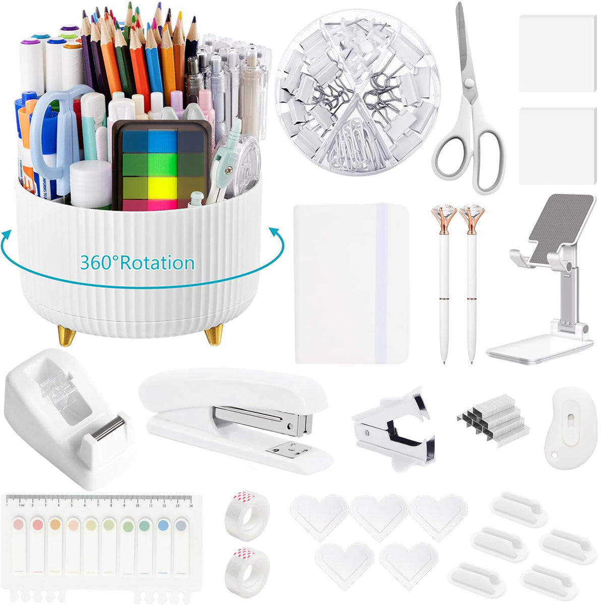 suniya Office Supplies,Gold Desk Accessories,with Stapler,Tape Dispenser,Pen Holder,Scissors,Phone Stand,Staple Remover,Ballpoint Pen,Clear Tape, Staples,Ruler,Clips,Best Gift for Business or Boss