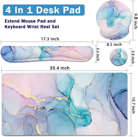 4-in-1 Gaming Mouse Pad Wrist Support Set，Desk Pad + Mouse Pad with Wrist Rest + Keyboard Wrist Rest + Coaster, Ergonomic Design for Home Office Study Game - Blue Marble