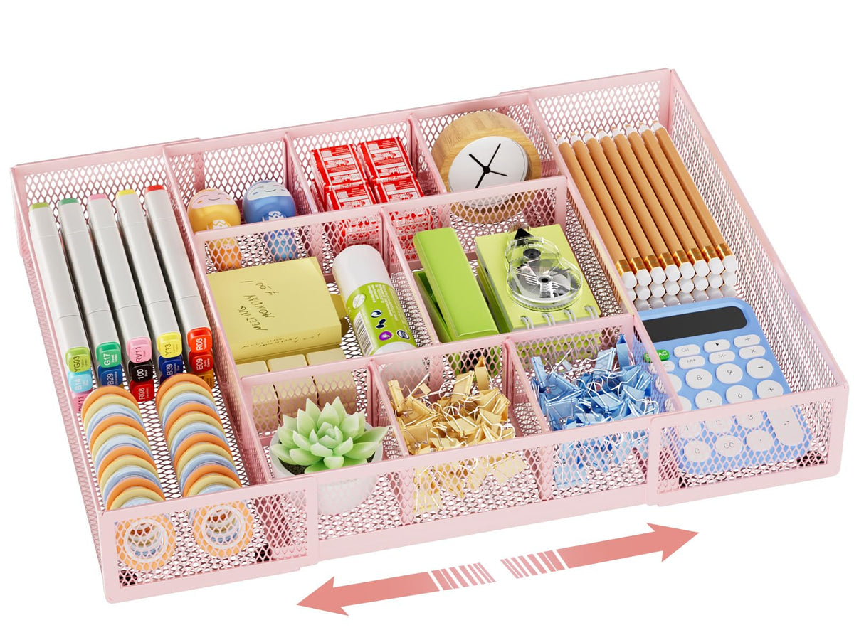 Marbrasse Expandable Desk Drawer Organizer, Mesh Drawer Organizer Tray with 10 Adjustable Compartments, Desk Organizers and Accessories for Office Supplies, Makeup & Vanity (Expandable-Blue)