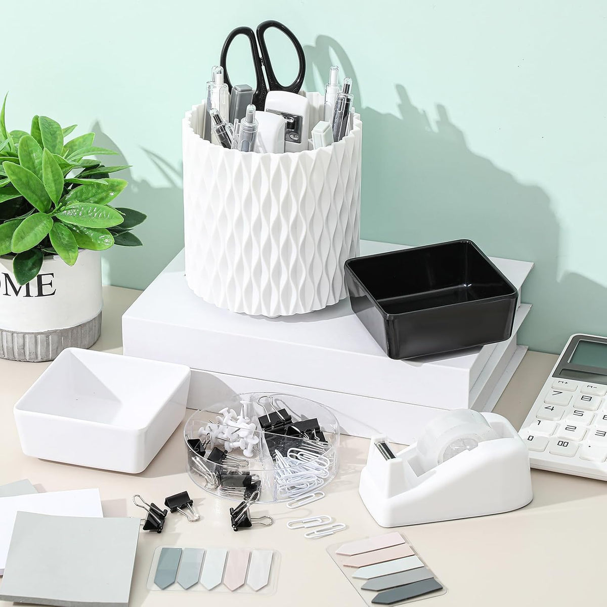 Kosiz 27 Pcs Black and White Desk Accessories Gift for Aesthetic Desk Organizer White Office Supplies Pen Holder Sticky Notes Stapler Binder/paper Clips Scissor Staple for Back to School(Classics)