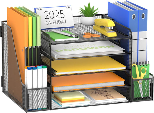 5-Tier Desk Organizer with Paper Trays, File Holders and Pen Holders, Black