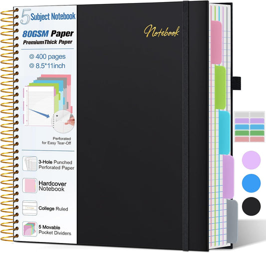 5 Subject Notebook College Ruled,80GSM Paper Thick Hardcover Spiral Notebook Lined Journal with Removable Dividers Tabs,400pages 8.5"x11" Paper Large Notebooks for School Work,3-Hole Punched, Black