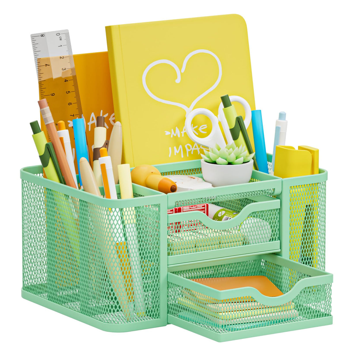 Marbrasse Mesh Desk Organizer, Pen Organizer with 2 Drawer, Multi-Functional Pencil Holder, Desk Organizers and Accessories with 5 Compartments + Drawer for Office Art Supplies (Black)