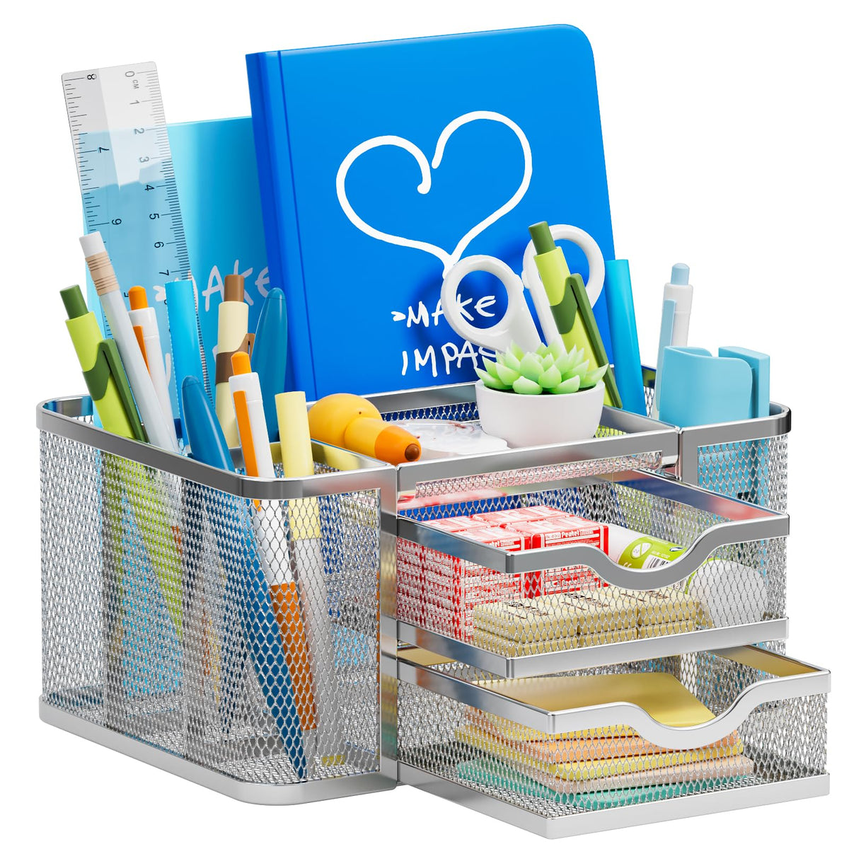 Marbrasse Mesh Desk Organizer, Pen Organizer with 2 Drawer, Multi-Functional Pencil Holder, Desk Organizers and Accessories with 5 Compartments + Drawer for Office Art Supplies (Black)