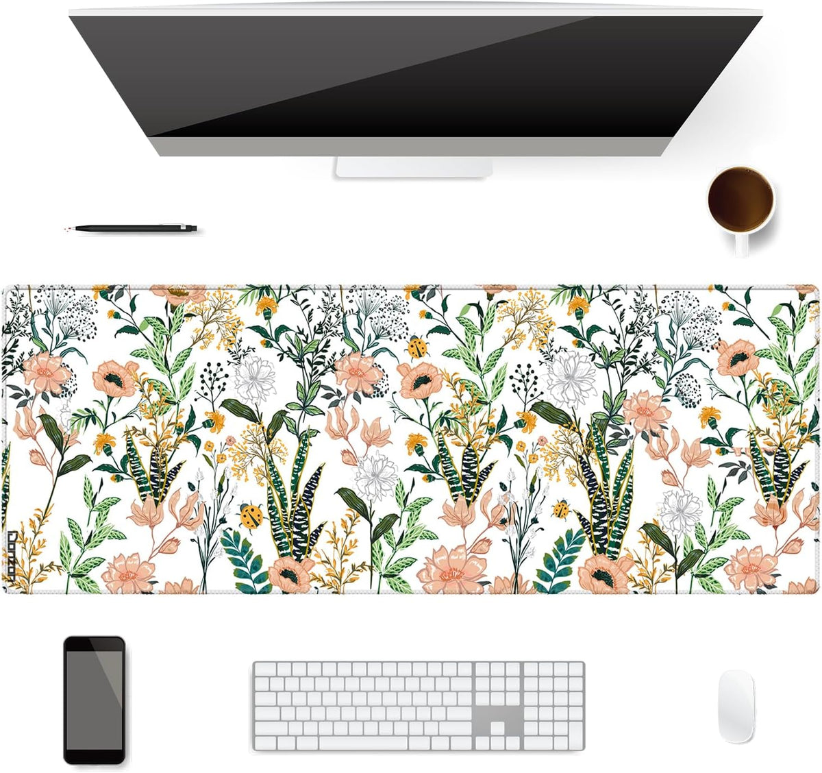 XXL Waterproof Office Desk Pad Protector 31.5x11.8 Inch - Extended Gaming Mouse Pad with Non-Slip Rubber Base, Thickened Keyboard Mat, Stitched Edges & Beautiful Floral Flowers Design