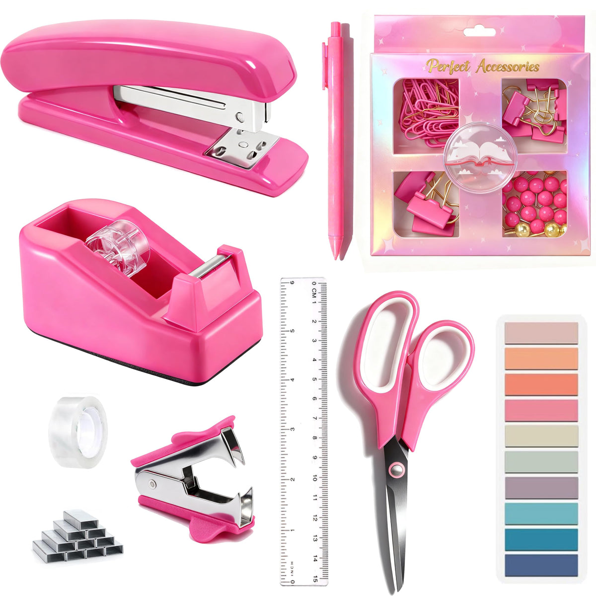 Rose Gold Desk Accessories, Office Supplies Desk Organizers 360°Pen Holder Acrylic Stapler Set, Phone Holder, Ballpoint Pen, Scissor, Binder Clips, Ruler, Transparent Glue, Sticky Note and Staples.