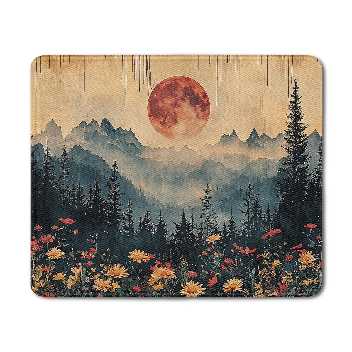 Boho Sunset Mountain Nature Mouse Pad, Rustic Wildflower Pine Forest Scenery Mouse Pads Mousepad for Desk Home Office Dorm Computers Laptop, Office Supplies Desk Accessories, 9.5x7.9 Inch