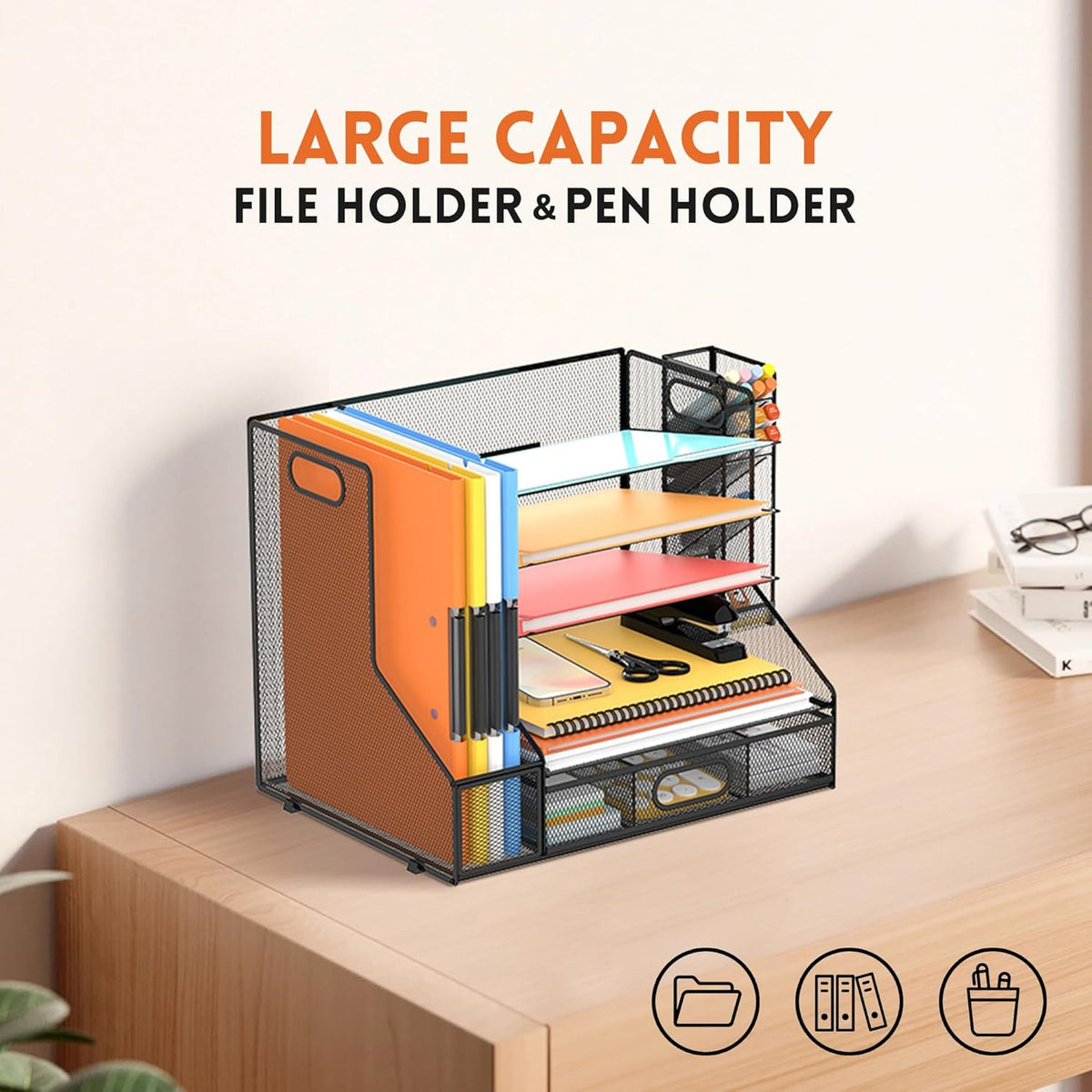 5-Tier Desk Organizer with File Holder & Pen Holder & Sliding Drawer, Black