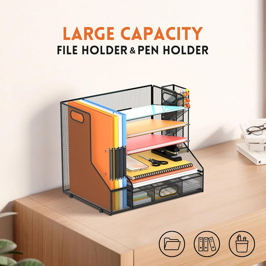 5-Tier Desk Organizer with File Holder & Pen Holder & Sliding Drawer, Black