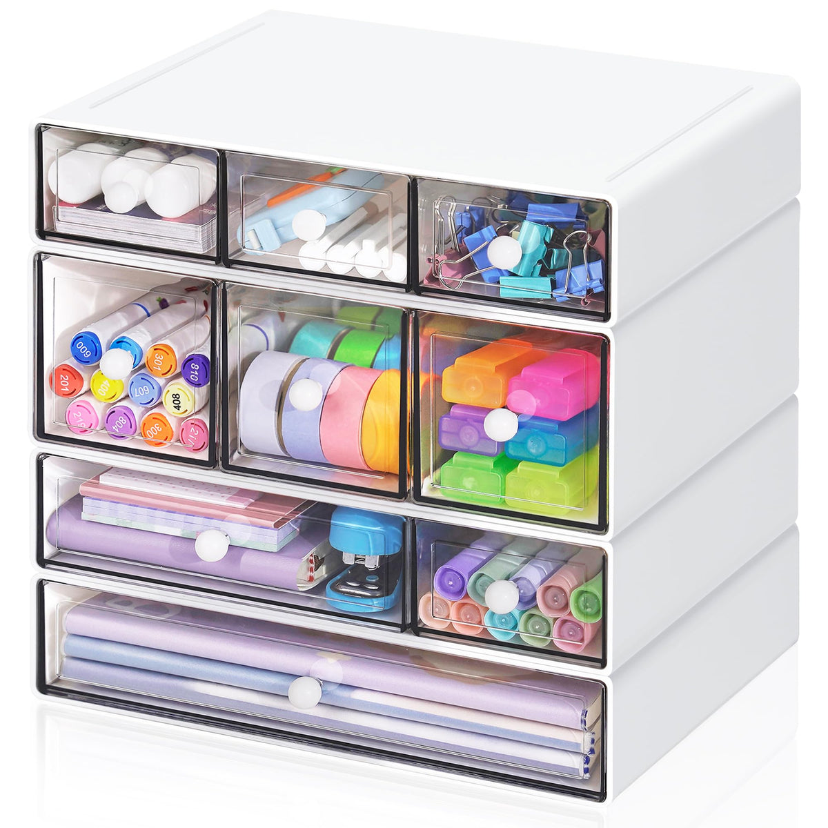 Desk Storage Organizer with 9 Drawers, 4 Tiers Stackable Desktop Craft Storage Drawers, Clear Storage Box Caddy for Stationary Makeup Jewelry Office Craft Supplies (Green)