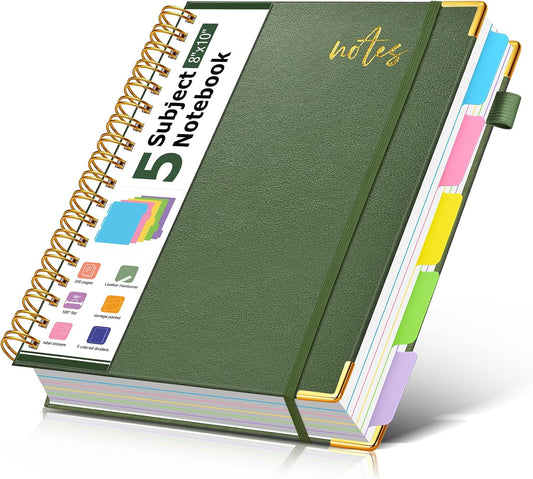 5 Subject Spiral Notebook Journal with Removable Dividers Tabs, 300 Pages Organizer Notebooks for Work School, 8"x10" Hardcover Leather Notebook College Ruled, Large Lined Journal for Women Men,Green
