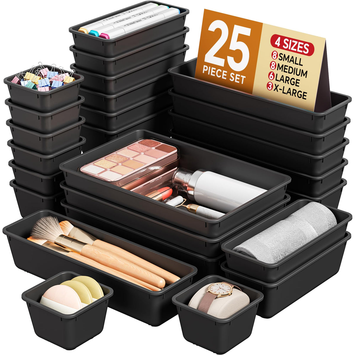 KEMETHY 25 PCS Plastic Drawer Organizers Set, 4 Sizes Vanity Organizer, Makeup and Desk Drawer Organizer Trays, Organization and Storage for Makeup, Bathroom, Kitchen Utensils and Office (Green)