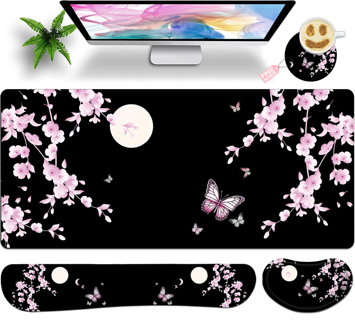 Large Gaming Mouse Pad Set 35.4 x 15.7 with Keyboard Wrist Rest, Wrist Support, and Coaster Memory Foam Smooth Desk Pad Mousepad for Home Office School - Floral Bible