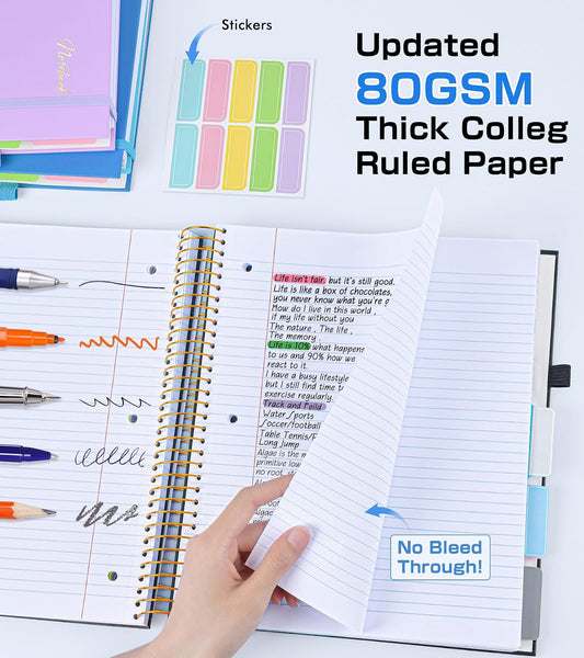 5 Subject Notebook College Ruled,80GSM Paper Thick Hardcover Spiral Notebook Lined Journal with Removable Dividers Tabs,400pages 8.5"x11" Paper Large Notebooks for School Work,3-Hole Punched, Black