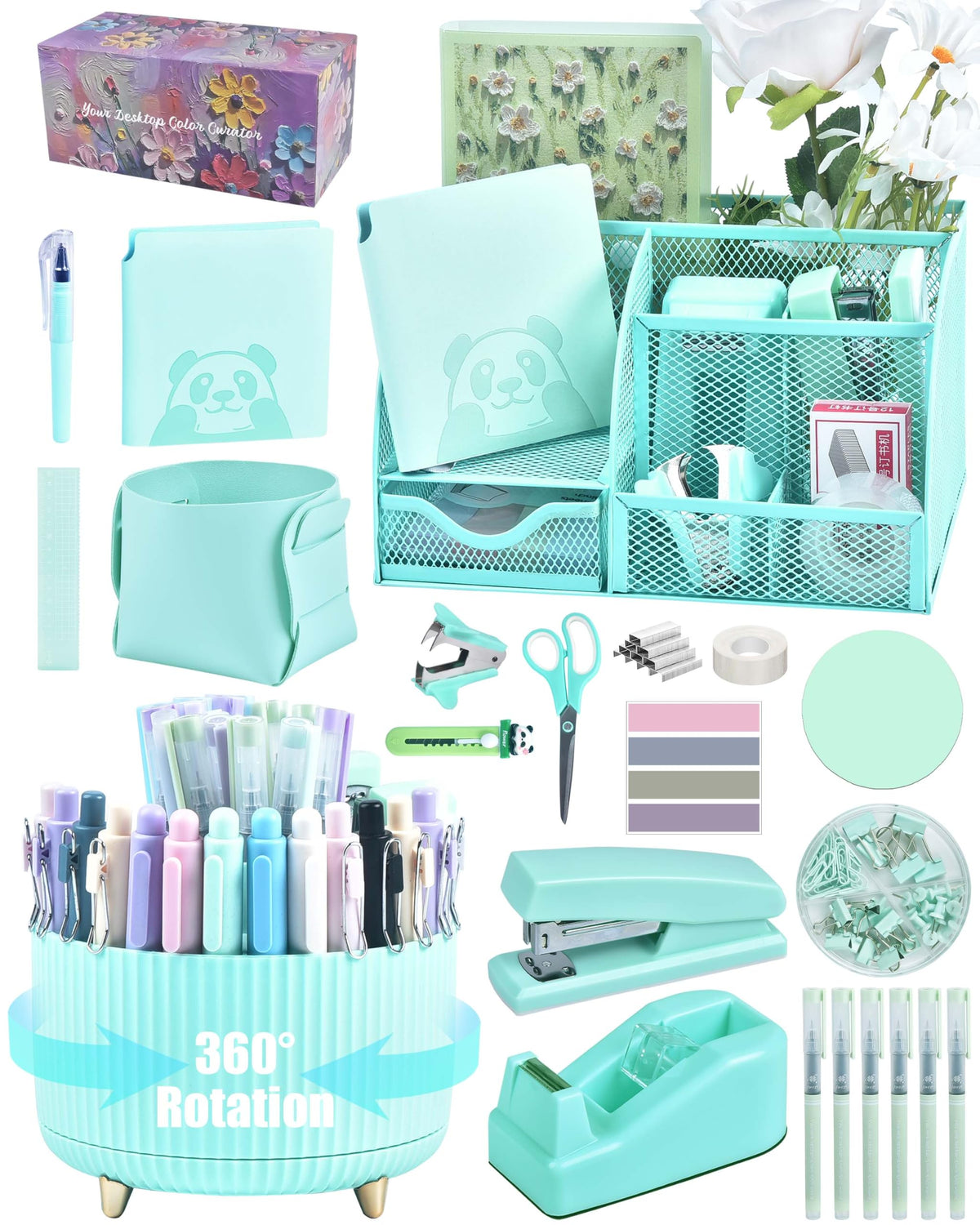 Purple Desk Accessories and Organizers with Desk Organizer and 360°Rotating Pen Holder stapler Pen and a Lot of Office Purple Office Supplies Beautifully Presented in a Gift Box