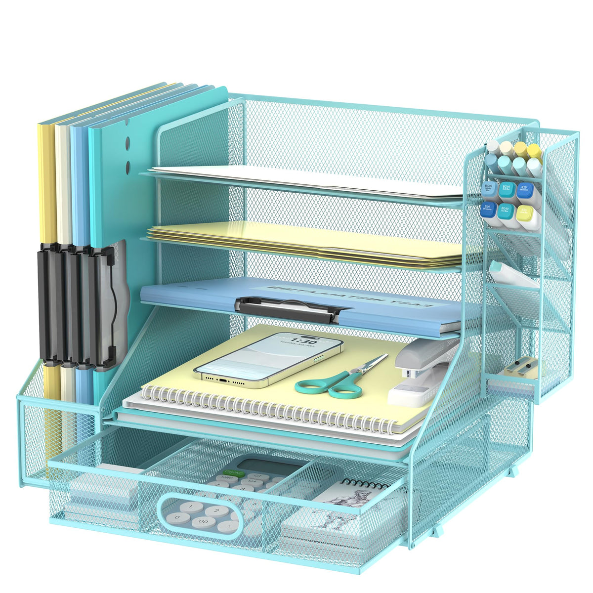 5-Tier Desk Organizer with File Holder & Pen Holder & Sliding Drawer, Black