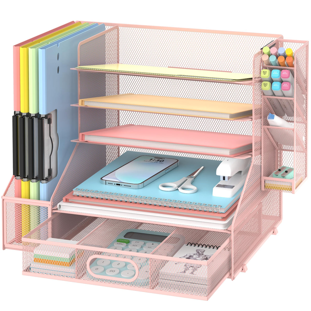 5-Tier Desk Organizer with File Holder & Pen Holder & Sliding Drawer, Black